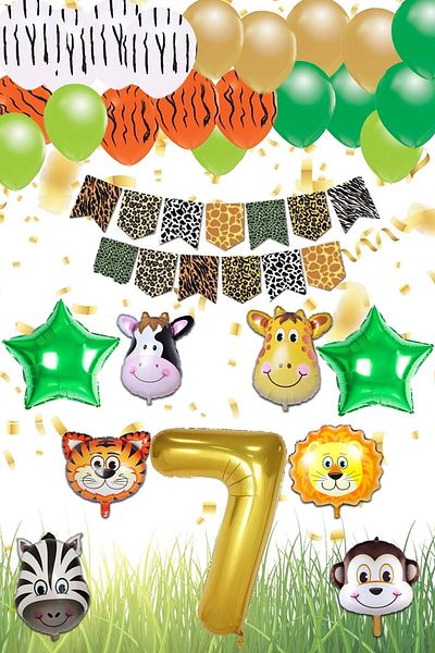 Patladı Gitti Safari Concept 7 Years Birthday Party Celebration Set; Number & Star Foil, Banner & Balloon Chain