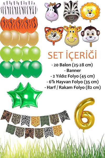Patladı Gitti Safari Concept 6 Years Birthday Party Celebration Set; Number & Star Foil, Banner & Balloon Chain