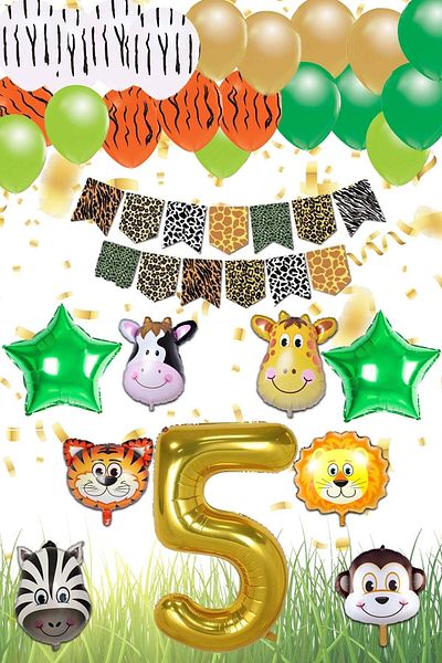 Patladı Gitti Safari Concept 5 Years Birthday Party Celebration Set;Number and Star Foil, Banner and Balloon Chain