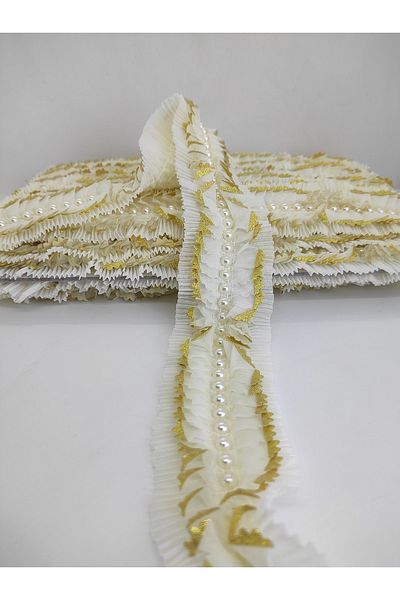Bride Aksesuar Dünyası Κρεμ Κίτρινη Glitter Pearl Ruffle Κορδέλα – Κορδέλα