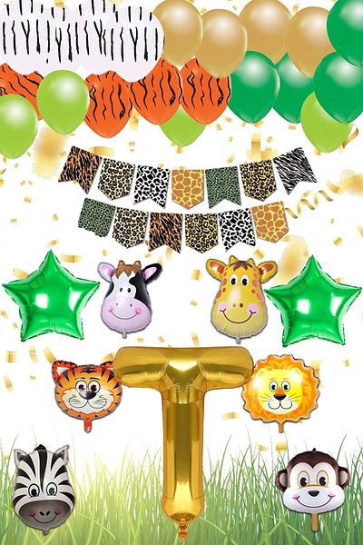 Patladı Gitti Safari Concept Letter t Birthday Set - Letter and Star Foil, Banner and Balloon Chain