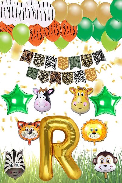 Patladı Gitti Safari Concept R Letter Birthday Party Celebration Set; Letter and Star Foil, Banner and Balloon Chain