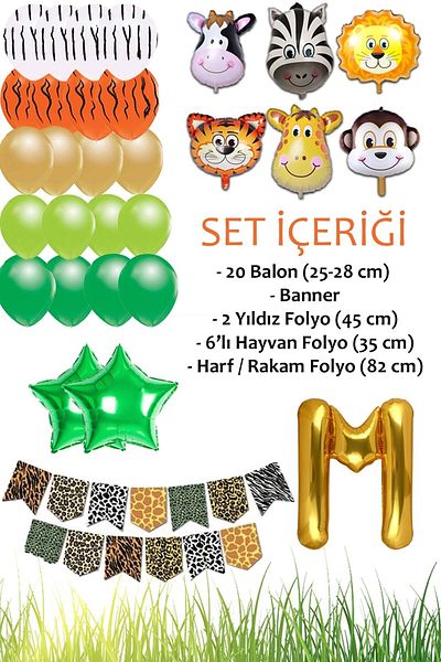 Patladı Gitti Safari Concept - Birthday Party Celebration Set with Letter M; Letter and Star Foil, Banner and Balloon Chain