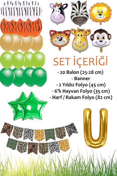 Patladı Gitti Letter U Safari Concept - Birthday Party Celebration Set; Letter and Star Foil, Banner and Balloon Chain