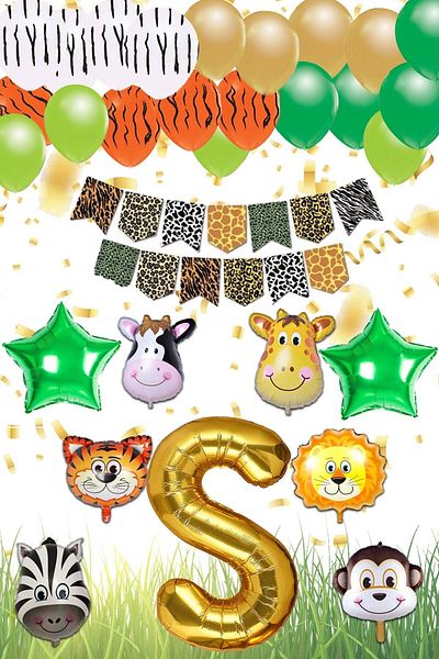 Patladı Gitti Safari Concept Letter S Birthday Party Celebration Set; Letter and Star Foil, Banner and Balloon Chain