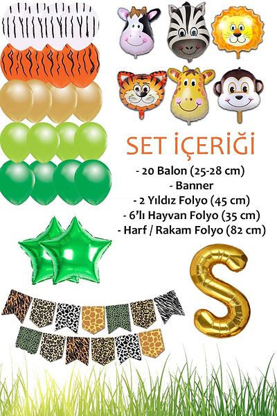 Patladı Gitti Safari Concept Letter S Birthday Party Celebration Set; Letter and Star Foil, Banner and Balloon Chain
