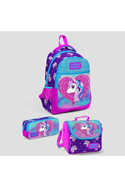 Coral High Kids Mor Pembe Unicorn Desenli Simli Üç Bölmeli Okul Sırt Çanta ,t...