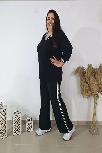 xlargebutik Large Size Full Flexible Black Ribbed Suit