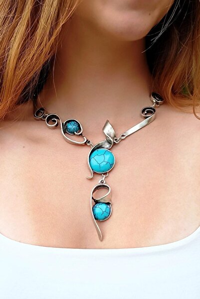 Fildişi Aksesuar Antik Gümüş Kaplama Turkuaz Taşlı Asimetrik Şekilli El Yapım...