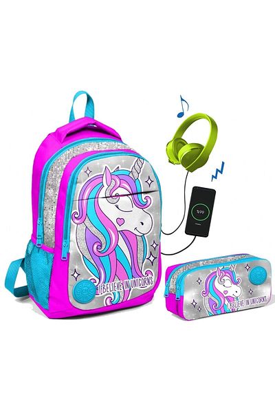 Yaygan Coral High Girl's Unicorn Primary School Set - Bag and Pen Holder with USB Output