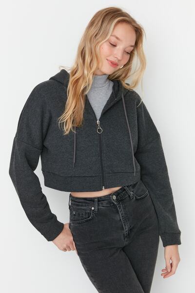 Trendyol Collection Anthracite Zippered Hooded Thick Fleece Inside Knitted Sweatshirt TWOAW23SW00028