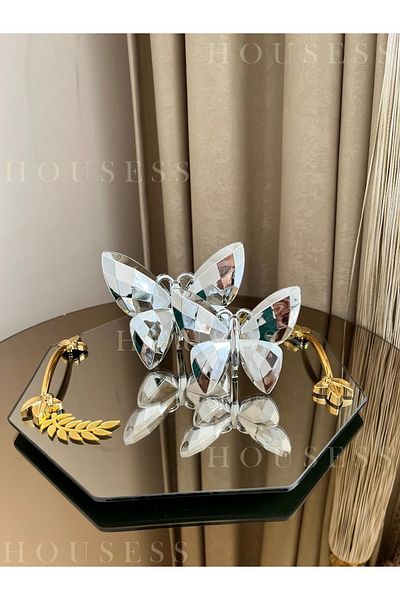 Housess Decorative Mirrored Tray with Leaf Detail and Set of 2 Silver Butterflies