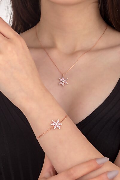 Miavi Silver 925 Ayar Gümüş Gül Kuvars Model Nergis Çiçeği Kolye Ve Bileklik Set