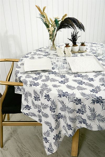 NT Handmade Navy Blue Floral White 160x140 Cm Tablecloth - Tablecloth for Kitchen Concept Picnic Camping