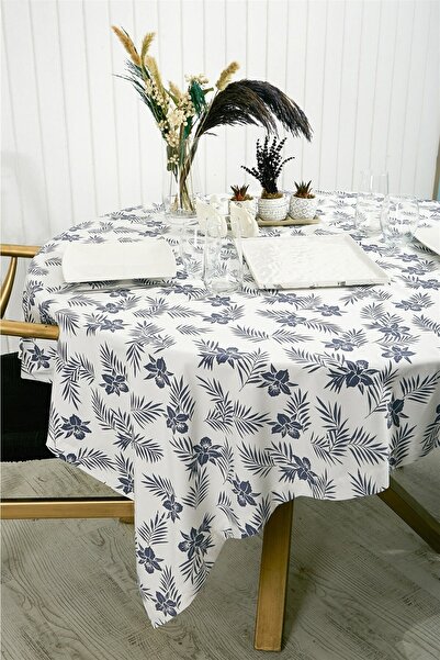 NT Handmade Lacivert Çiçekli Beyaz 160x140 Cm Masa Örtüsü - Mutfak Konsepti Piknik Kamp Için Sofra Örtüsü