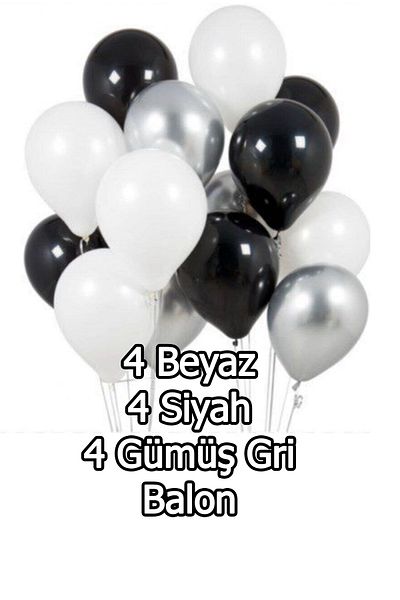 Parti dolabı مجموعة من 12 بالون معدني 4 أبيض، 4 أسود، 4 فضي رمادي لامع لؤلؤي يطير بالهيليوم
