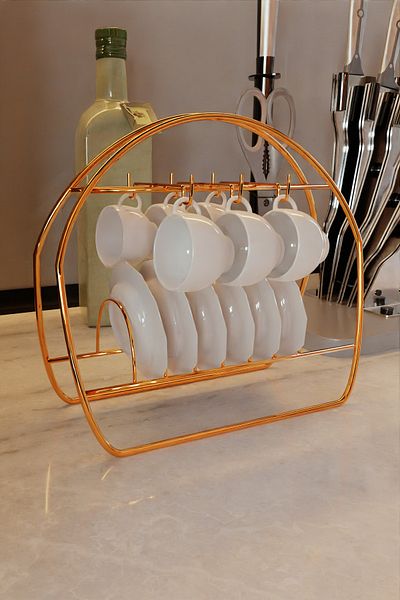 Milenay Gold Stainless Decorative Cup Holder, Plate with 6 Hooks, Cup Stand, Plate Stand