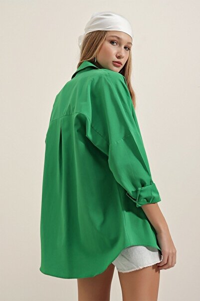 VOLT CLOTHİNG Kadın Koyu Yeşil Oversize Uzun Basic Gömlek