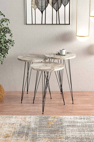 EGEMODÜLER Efes Siyah Metal Ayaklı 3lü Zigon Sehpa Yan Sehpa