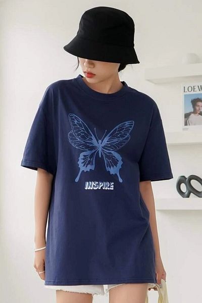 MODAGEN Women's Oversize Butterfly Printed Navy Blue Tshirt