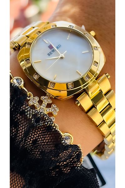 Reward Stone Dial, Steel Strap, Special Lock System, Gold Yellow Color Women's Wristwatch + Bracelet