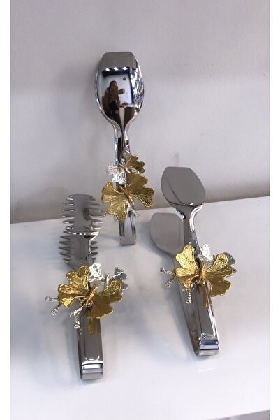 Mira züccaciye Butterfly Silver Elegant Service Presentation Set 3-Piece Tongs Set Stainless Steel