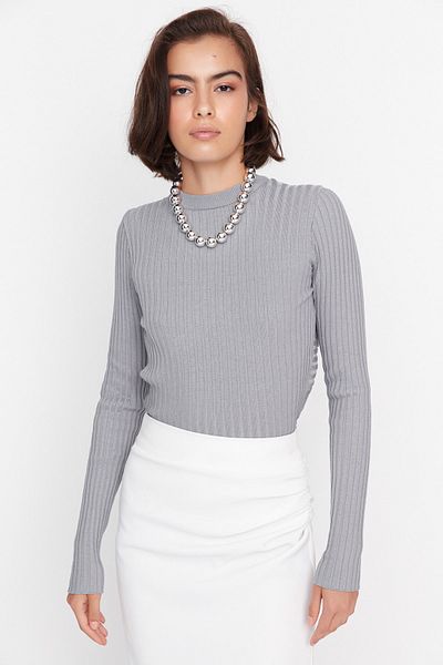 Trendyol Collection Gray Back Detailed Crop Knitwear Sweater TWOAW23KZ00789