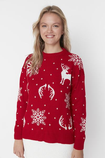 Trendyol Collection Újévi témájú piros jacquard kötöttáru pulóver - TWOAW23KZ01591