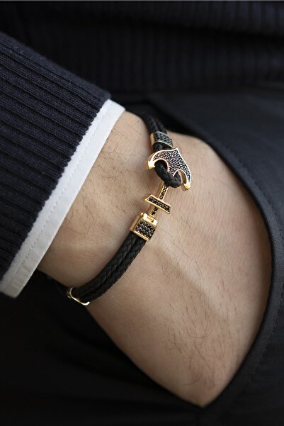 Cenova Kuyumculuk Siyah Kordonlu Taşlı Çapa Model Ve 14 Ayar Altın Erkek Bile...