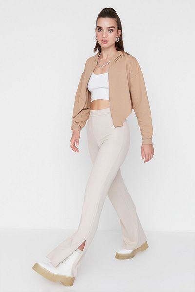 Trendyol Collection Beige Straight Slit Knitted Trousers TWOAW23PL00005