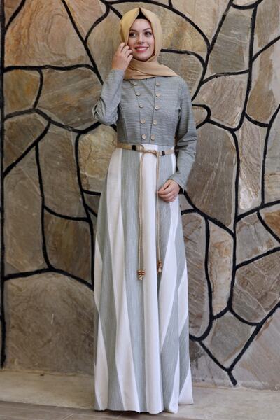 Feiza Collection Çizgili Tesettür Elbise - Çağla Yeşili