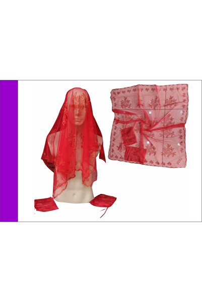 Halay Kına Κόκκινο νυφικό πέπλο χέννας με ασημί τούλι (KINA DRESS) Αξεσουάρ νύχτας χέννας με 2 γάντια