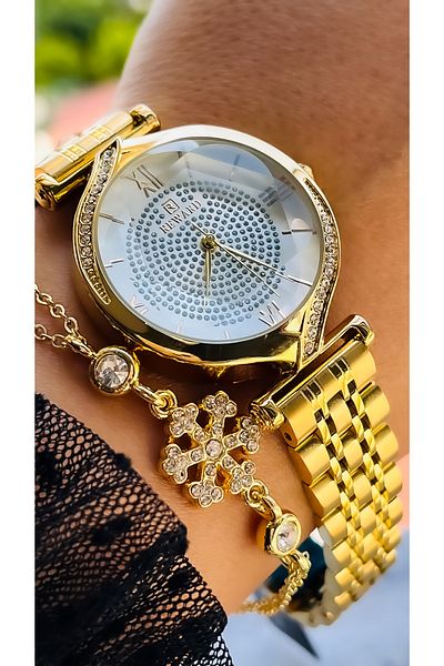Reward Stone Dial, Steel Strap, Special Lock System, Gold Yellow Color Women's Wristwatch + Bracelet
