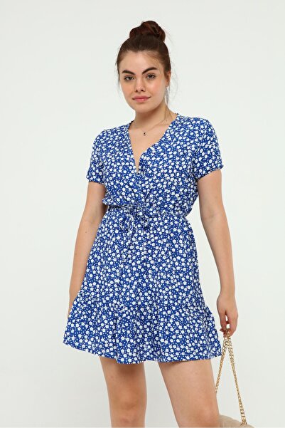 KaSheHa Mavi Kruvaze Yaka Puantiye Desenli Bağcıklı Eteği Pileli Dokuma Viskon Kloş Elbise 95 Cm