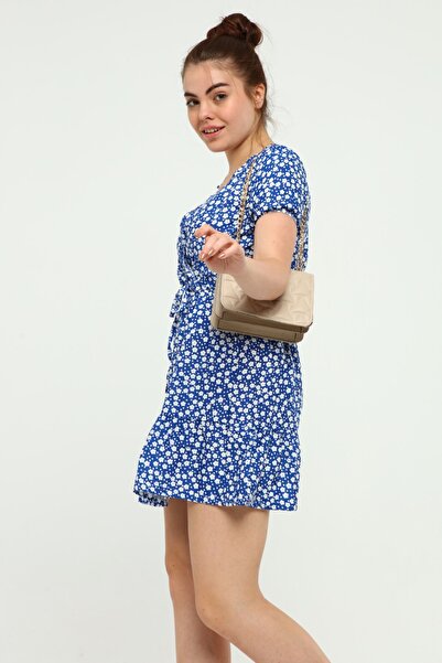 KaSheHa Mavi Kruvaze Yaka Puantiye Desenli Bağcıklı Eteği Pileli Dokuma Viskon Kloş Elbise 95 Cm