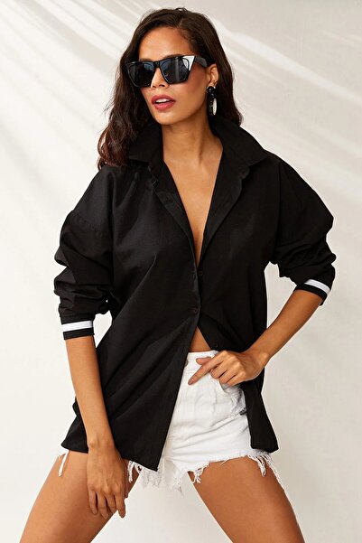 hazelin Women's Black Oversize Long Ribbed Shirt Hzl22S-Rt 110011