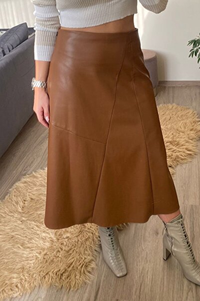 Mek-Up Дамска кожена пола Swarıus с асиметрично шиене, кафява