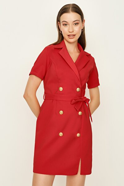 Select Moda Women's Red Button Detailed Belted Jacket Dress