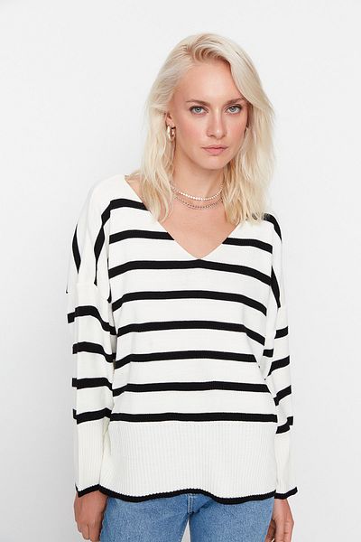 Trendyol Collection Ecru Wide Fit Basic Striped Knitwear Sweater TWOAW23KZ01357