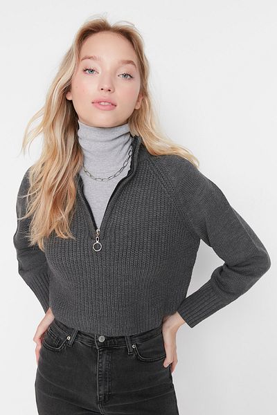 Trendyol Collection Stand Collar Zippered Anthracite Knitwear Sweater - Twoaw22Kz1632