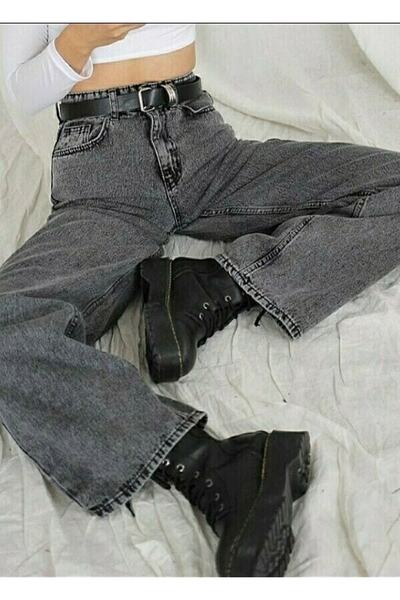 LİMABEL Kadın Füme Palazzo Jeans Bol Kesim Antrasit Likralı Jeans