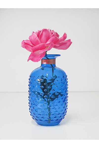 Missi مزهرية زجاجية زرقاء برقبة نحاسية مقاس 15 سم