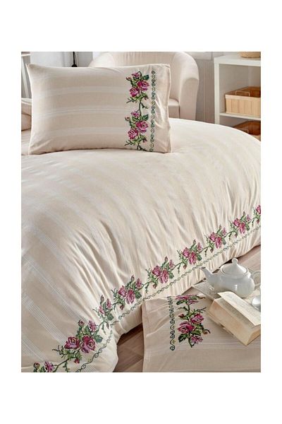 Durul Buldan Work Authentic Cross Stitched Double Natural Boxed Duvet Cover Set