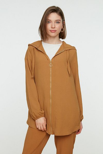 Trendyol Modest Camel Color Hooded Zippered Cardigan and Trousers Set - Tctss22Us0026