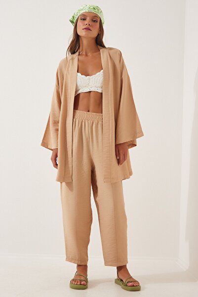 Happiness İstanbul Women's Biscuit Kimono Trousers Set DZ00046