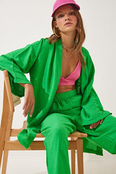 Happiness İstanbul Dámské zelené kalhoty Kimono DZ00046