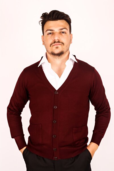MODA Tricotaj pentru bărbați din lână fină Cardigan tricotat Dad Burgundy