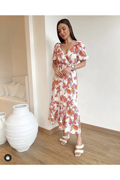Miyu Accessories Miyu Keten Karışımlı Kruvaze Yaka Elbise