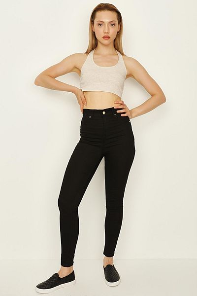 Select Moda Women's Black High Waist Gold Buttoned Skinny Trousers