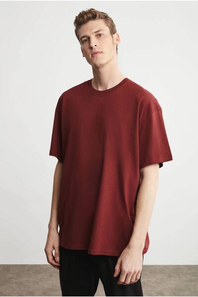JAKARLI Claret Red Unisex Oversize Βαμβακερό T-shirt - Ποδηλατικός Γιακάς